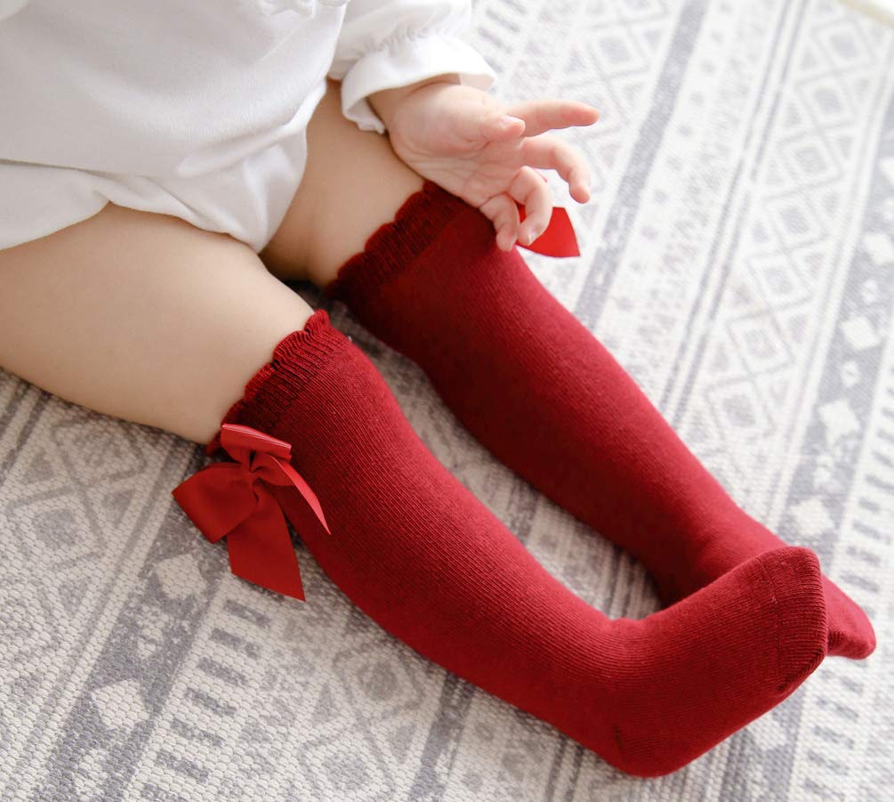 NANQUAN Maorrew 2 Pack Baby Girls Knee High Socks Bow Long Stockings Infants Toddlers Cotton Ruffled Uniform Leggings Wine Red/Pink 0-12 Months