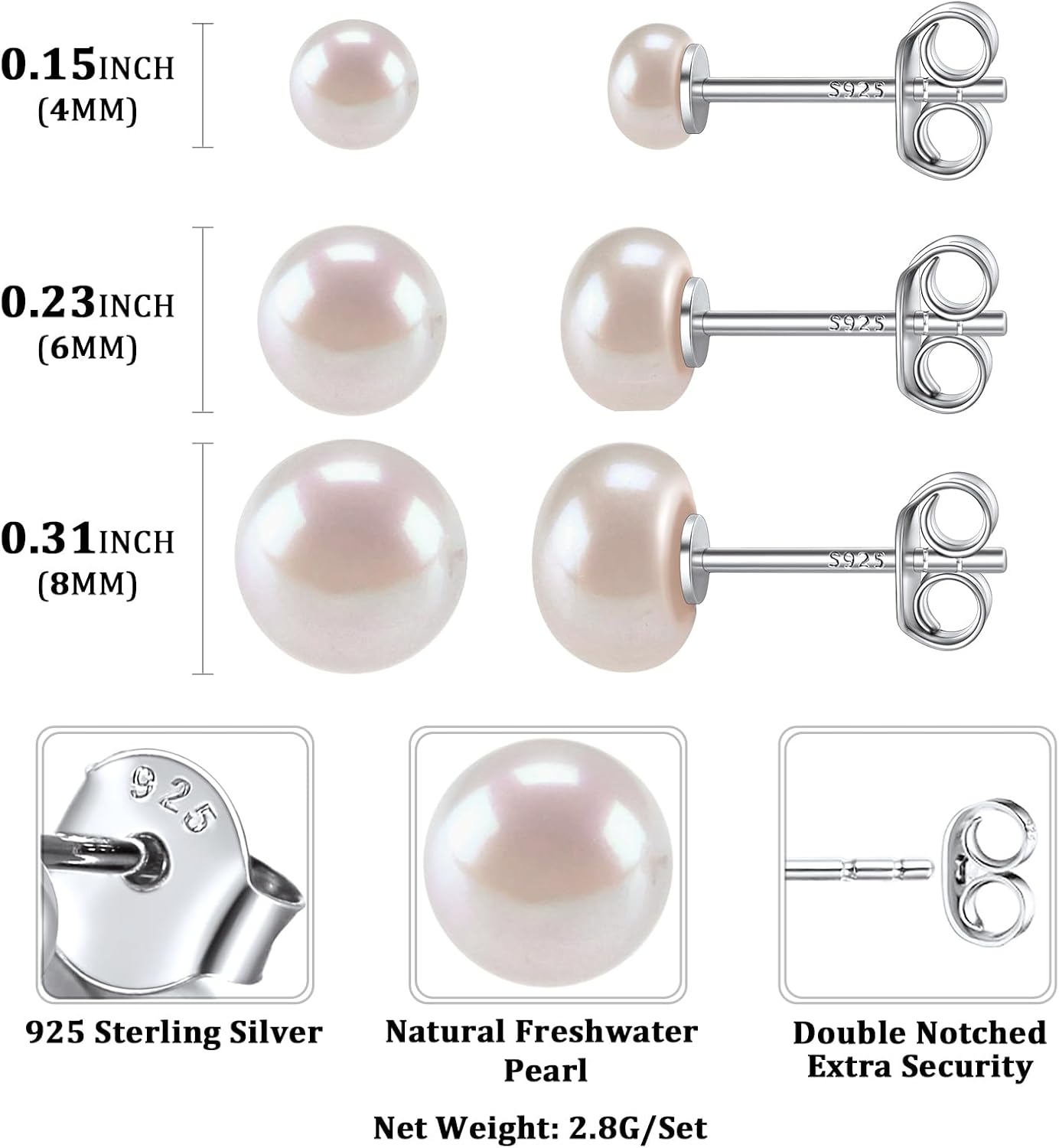 ChicSilver 4-10mm White Freshwater Cultured Pearl Earrings Sterling Silver Studs for Women Girls Sensitive Ear