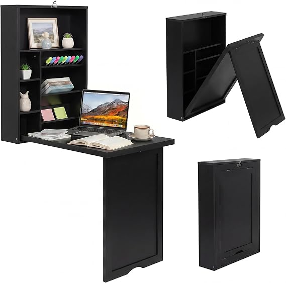 Tangkula Folding Wall Mounted Desk Convertible Fold Out Floating Table with Storage Shelves Space-Saving Drop Leaf Table Murphy Desk for Craft Study Small Spaces Home Office Dorm Black