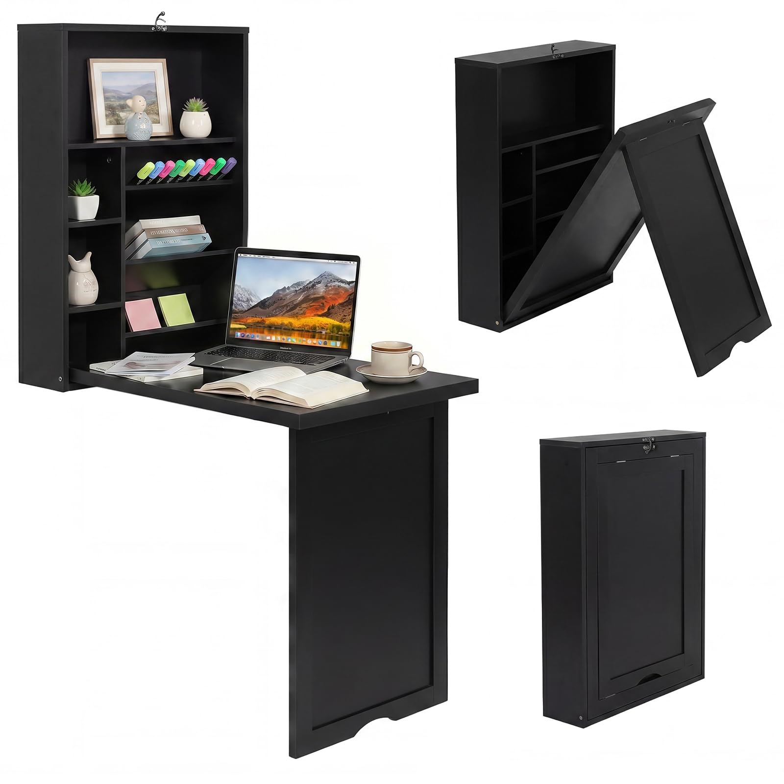 Tangkula Folding Wall Mounted Desk Convertible Fold Out Floating Table with Storage Shelves Space-Saving Drop Leaf Table Murphy Desk for Craft Study Small Spaces Home Office Dorm Black product thumbnail 3