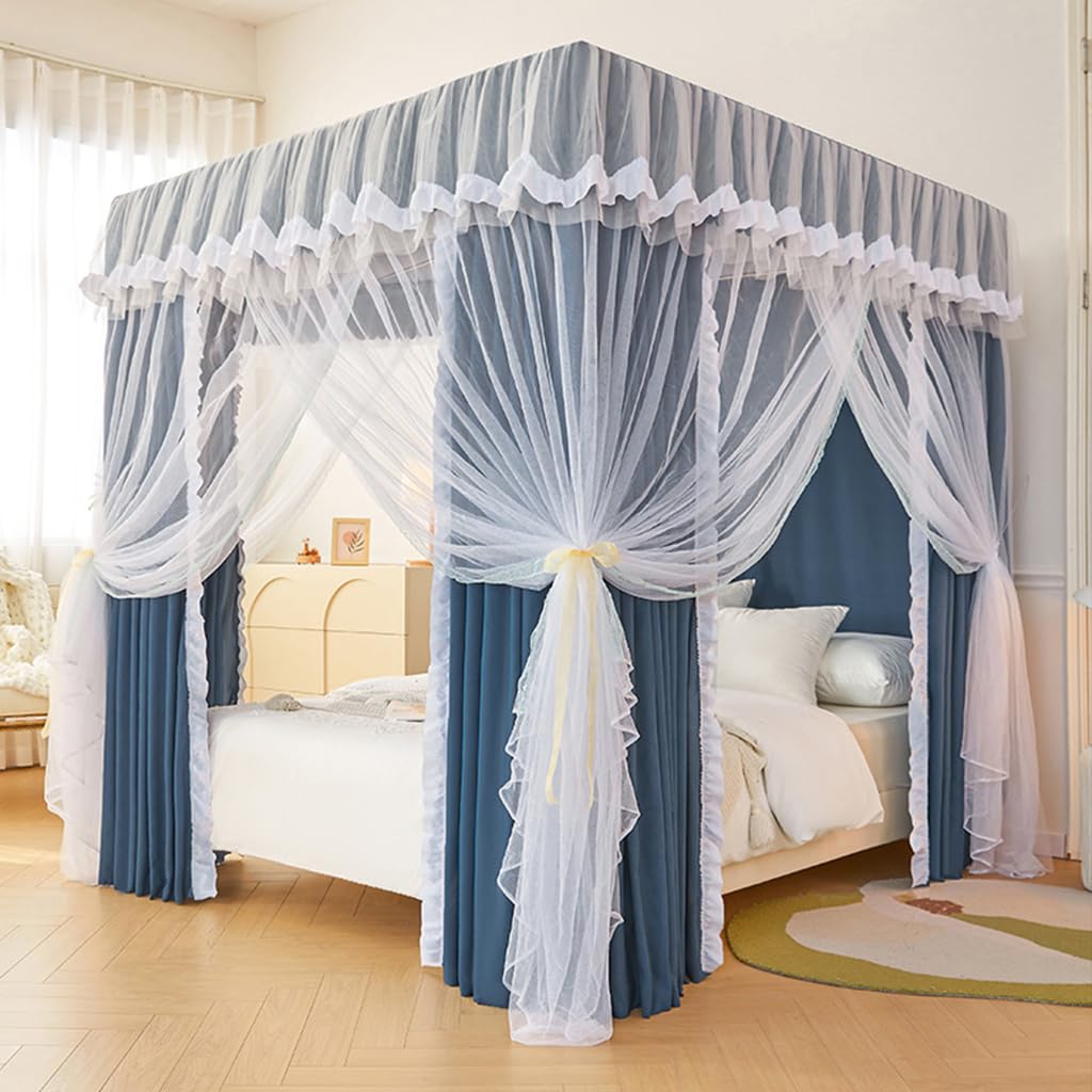 SCMTYWCQ 4 Corners Post Solid Color Bed Canopy Curtain Double Layer-Curtain & Ruffle Princess Mosquito Net 4 Opening Netting for Girls Adults Bedroom Decoration (Navy-2, California King)