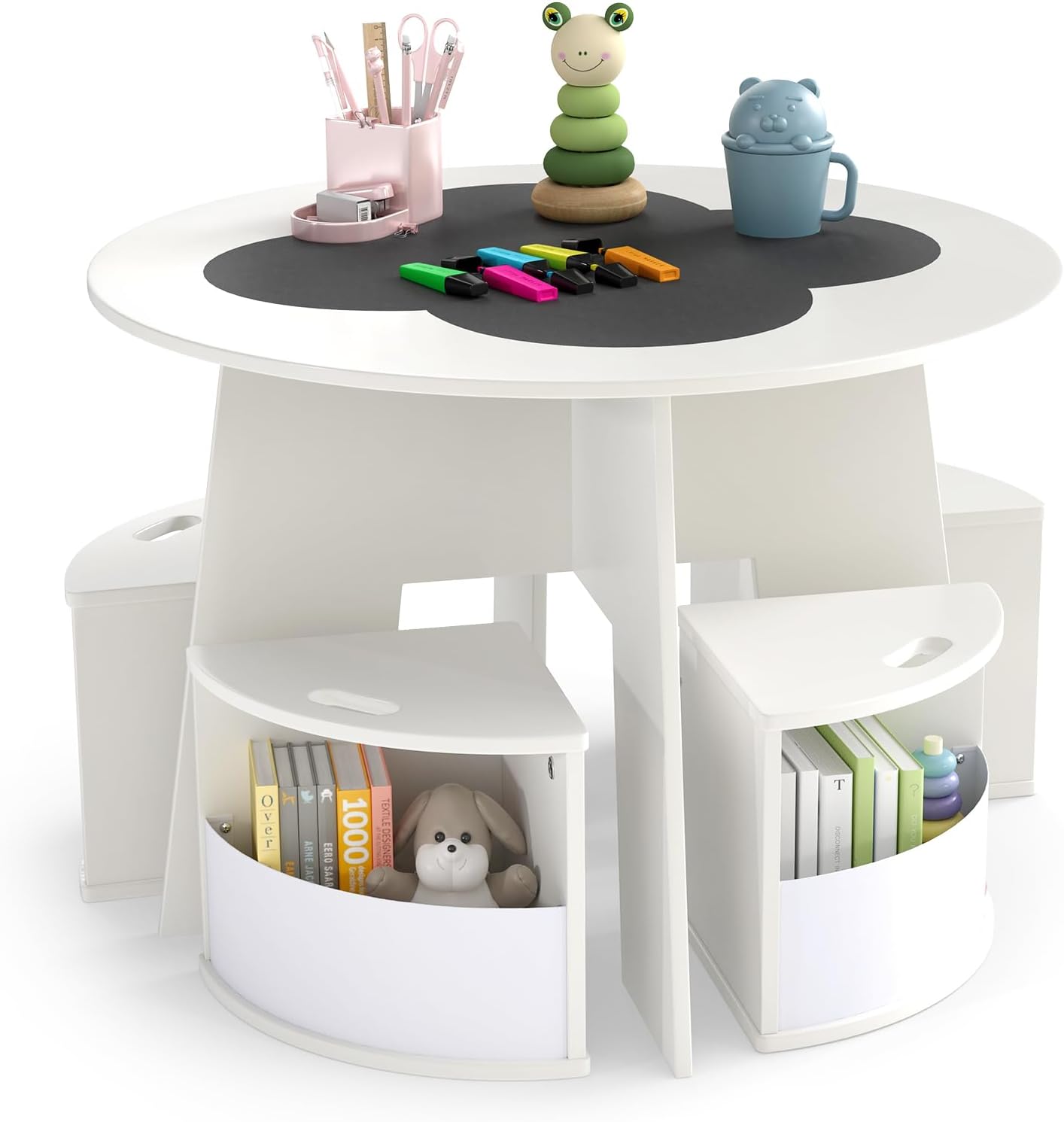 HONEY JOY White Kids Table and Chair Set, Children Activity Play Table with 4 Storage Stools for Art Craft, Nesting Design Toddler Table and Chair Set for Playroom, Daycare, Gift for Boys Girls