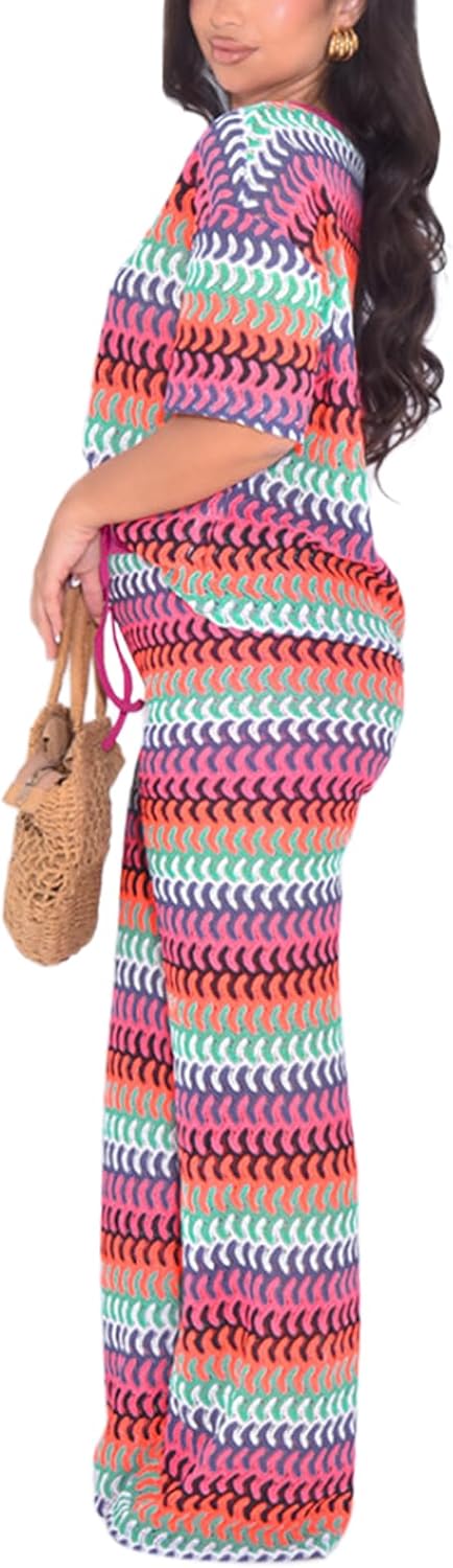 Two Piece Cover Up Sets for Women Crochet Knit Hollow Out Striped Short Sleeve Tops Wide Leg Pants Sweater Outfits - Image 2
