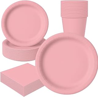 Serves 50 Complete Party Pack Disposable 9" Dinner Paper Plates 7" Dessert Paper Plates 9 oz Cups 3 Ply Napkins office parties, Birthday parties, festivals (Light Pink)