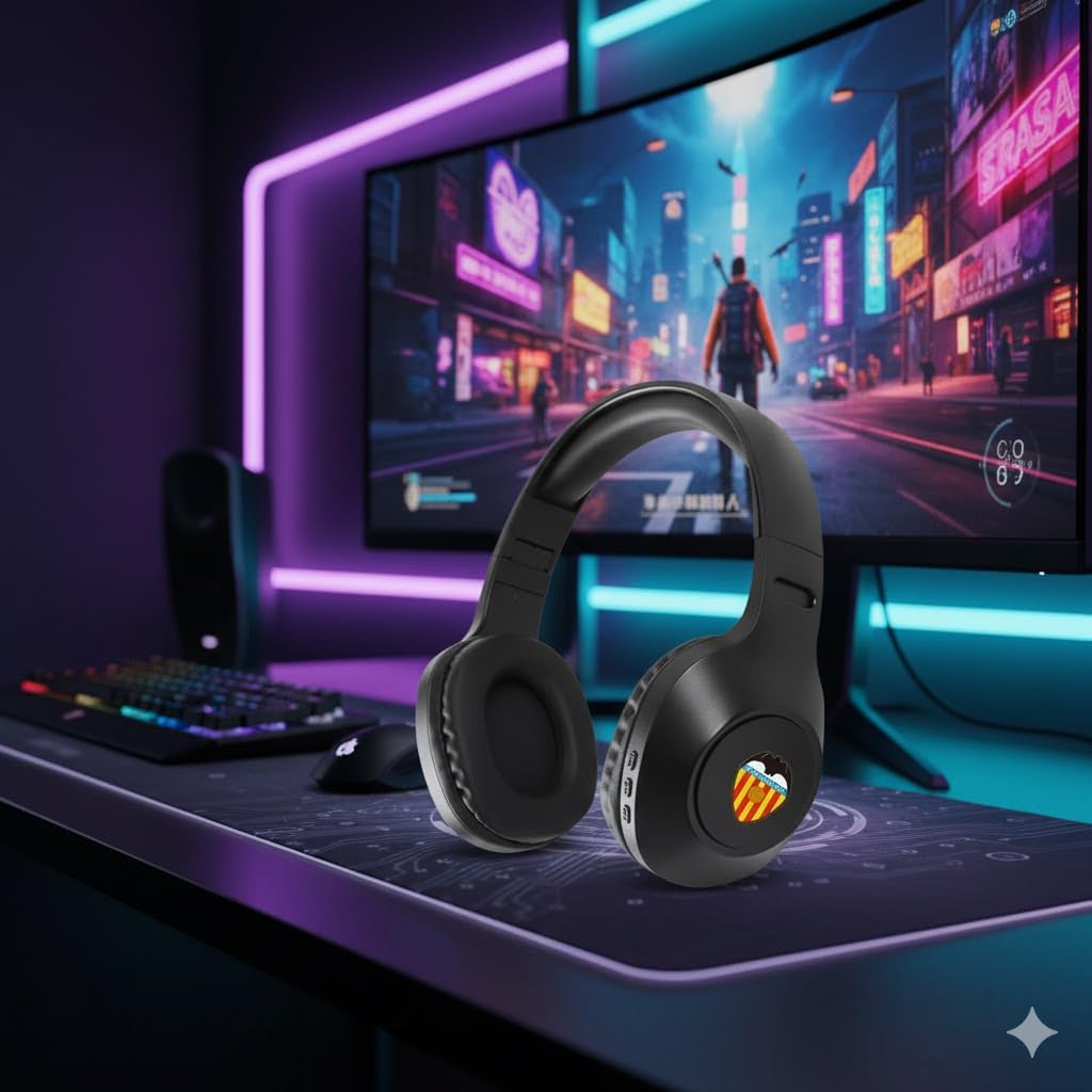 Genérico Auriculares Valencia CF – Modelos Gaming e Inalámbricos Bluetooth | Sonido Envolvente, Micrófono, LED y Diseño Oficial del Club (Bluetooth)