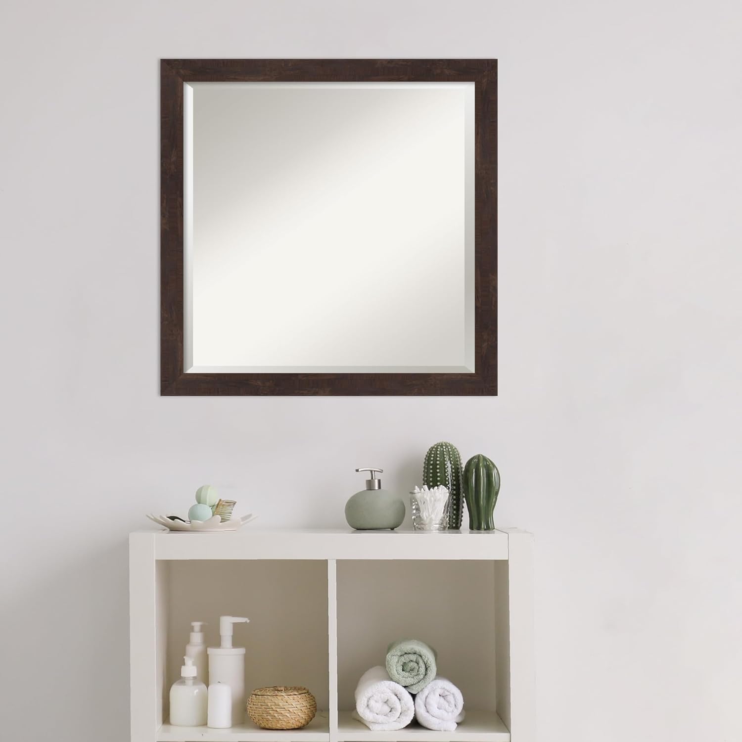 Amanti Art Bathroom Mirror for Over Sink, 23x23 Fresco Dark Walnut Square Vanity Mirror, Medium Rustic Farmhouse Wood Frame, Hangs Horizonally and Vertically, Bathroom Wall Decor, Beveled Edge