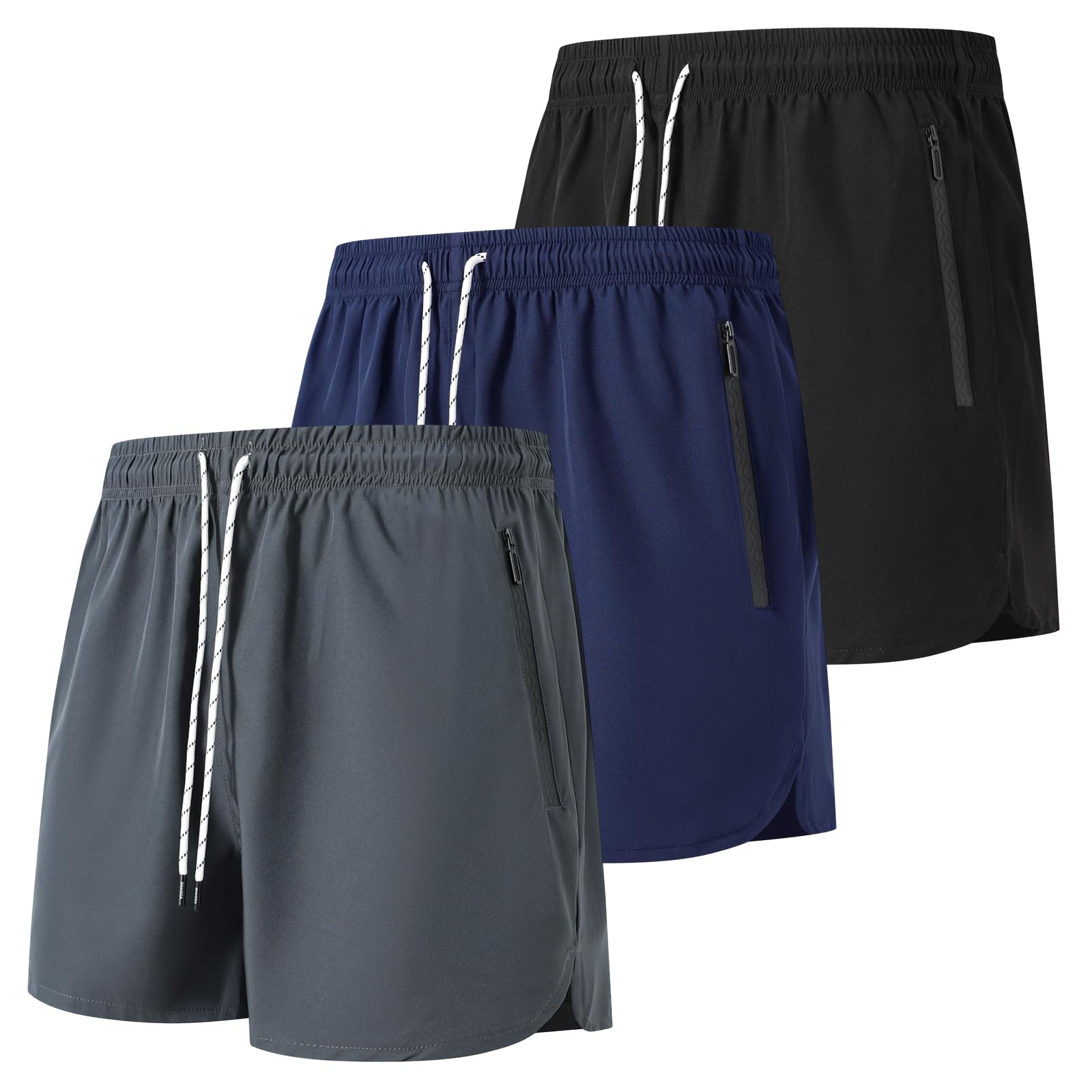 SHAGGA Laufshorts für Herren, leicht, schnell trocknend, 7,6 cm Schrittlänge mit Reißverschlusstaschen, für Fitnessstudio, Joggen, Strand, 3 Stück