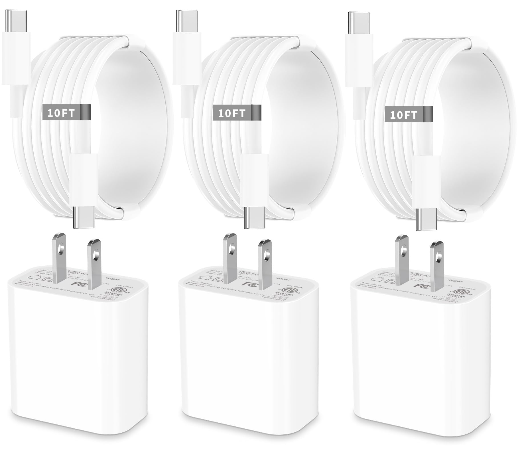 [3Pack] iPhone 15 Charger Fast Charging 10ft Cable - MFi Certified -20W USB C Fast Wall Charger Block with 60W Long TypeC Cord for iPhone 15 Pro/15 Plus/Pro Max, iPad Pro, iPad Air/Mini 6, Airpods Pro