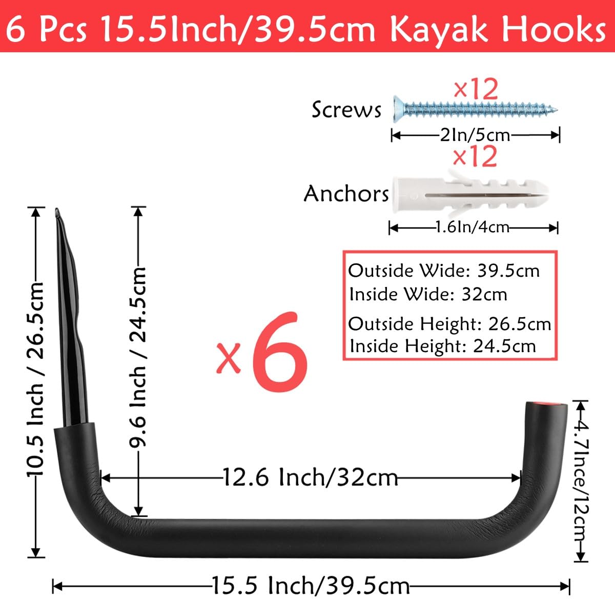 6 Pcs Kayak Storage Hooks, 39.5cm Wall Mount Canoe Hangers, Heavy Duty Snowboard Storage Rack Holds Up to 25kg (26.5cm x 39.5cm) - Image 2