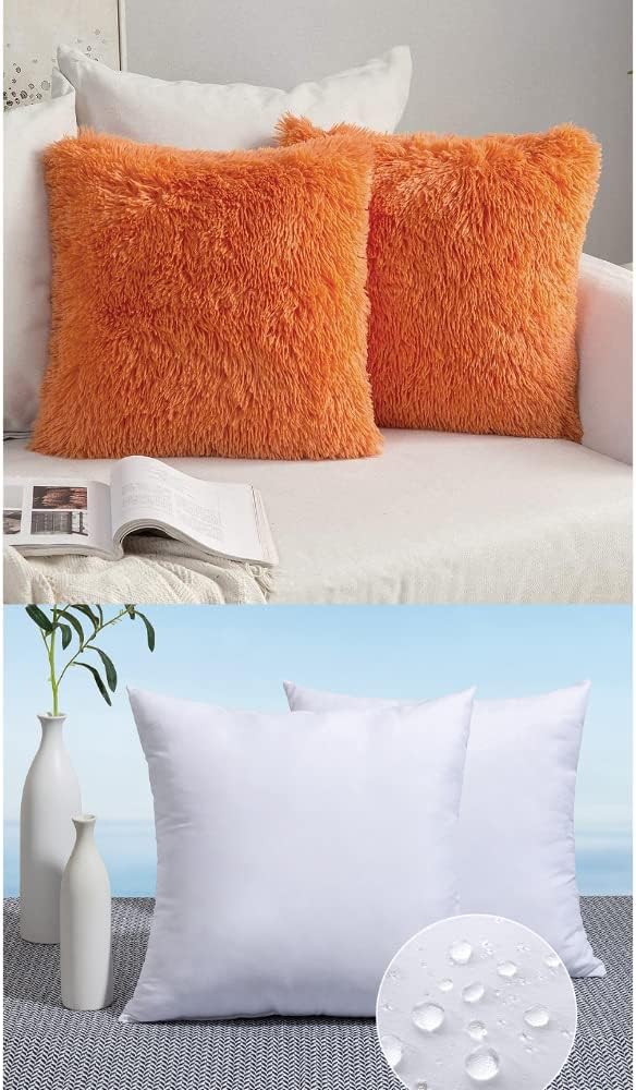 MIULEE Pack of 2 Luxury Faux Fur Fall Autumn Throw Pillow Cover Blend 18x18 Waterproof Pillow Inserts Hypoallergenic for Sofa Bedroom Cushion Orange