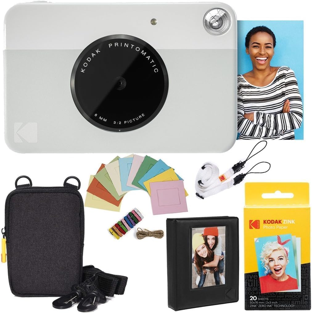 Kodak Printomatic Instant Camera Bundle (Grey) Zink Paper (20 Sheets) - Case - Photo Album - Hanging Frames.