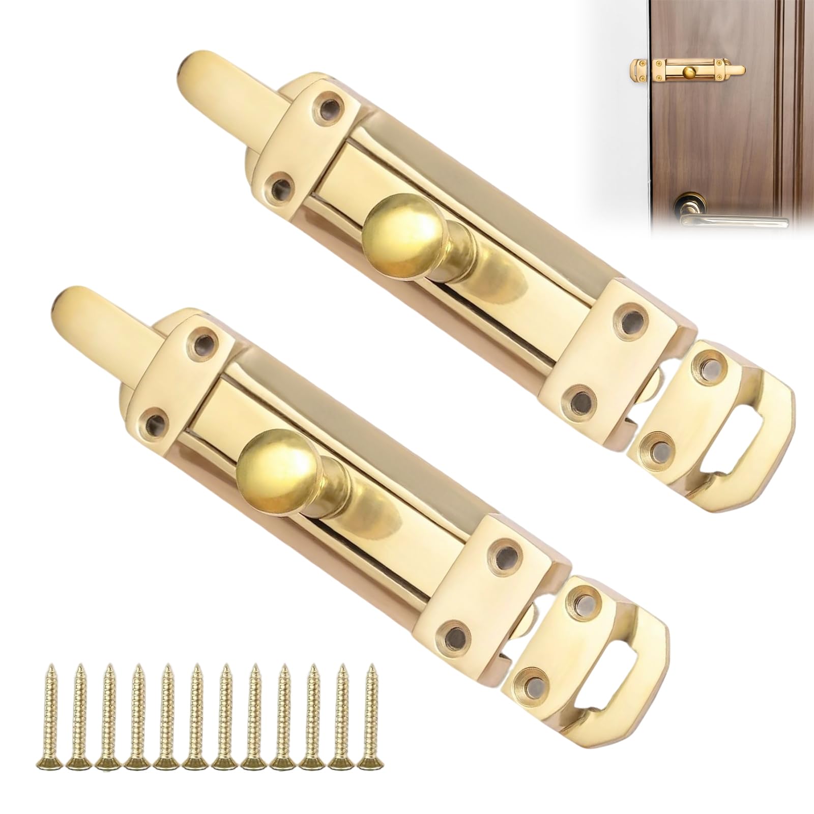 Tarqite 2 Pack Brass Door Bolt Lock,5 Inch Door Lock, Surface Mounted Internal Sliding Bolt Loc k, for Bedroom Bathroom Cupboard and Cabinet, with 12 Screws
