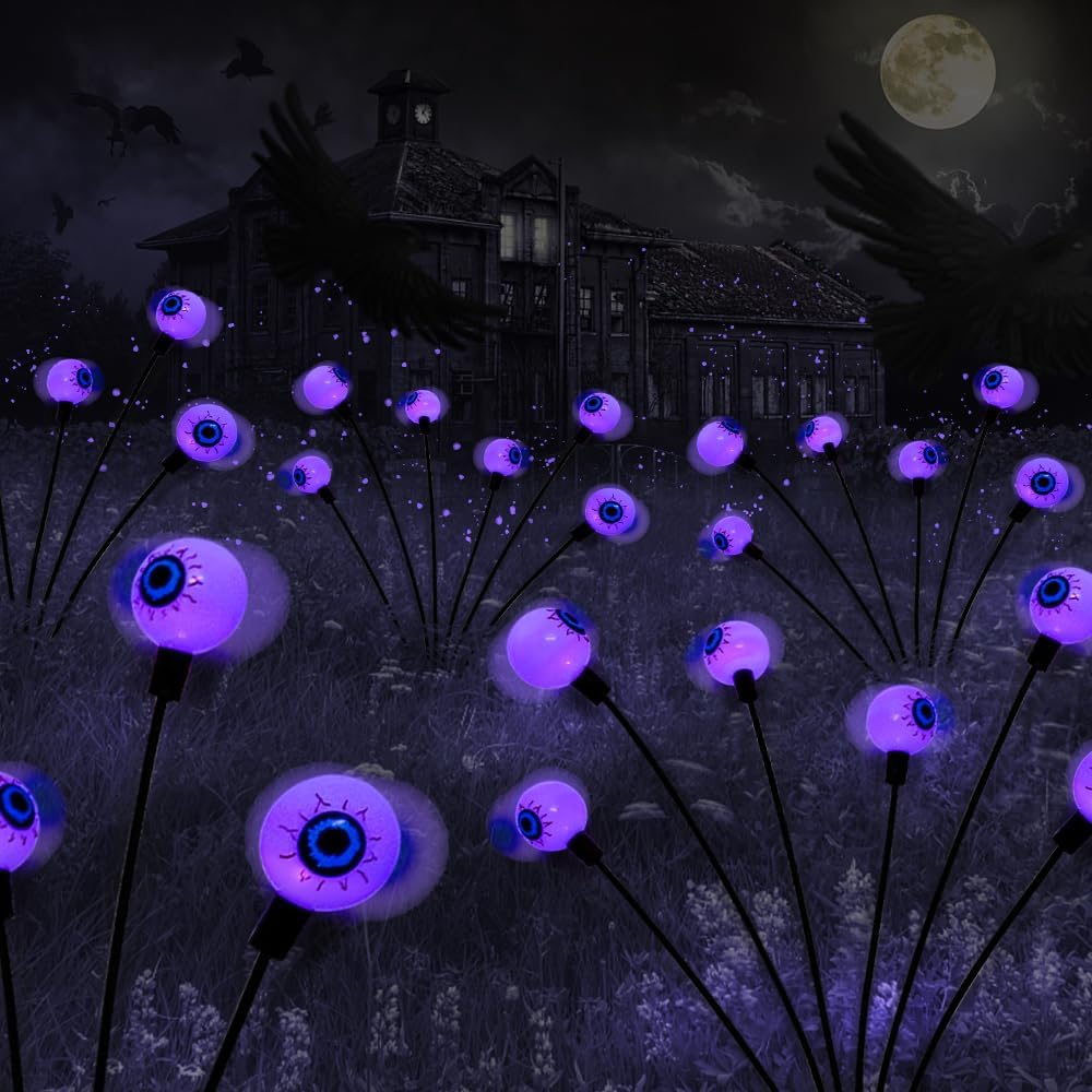 2 Pack Spooky Solar Lights for Garden Halloween Decorations Firefly Oscillating with 12 Purple LEDs - Waterproof Solar Lights for Lawn, Patio, Party Decoration