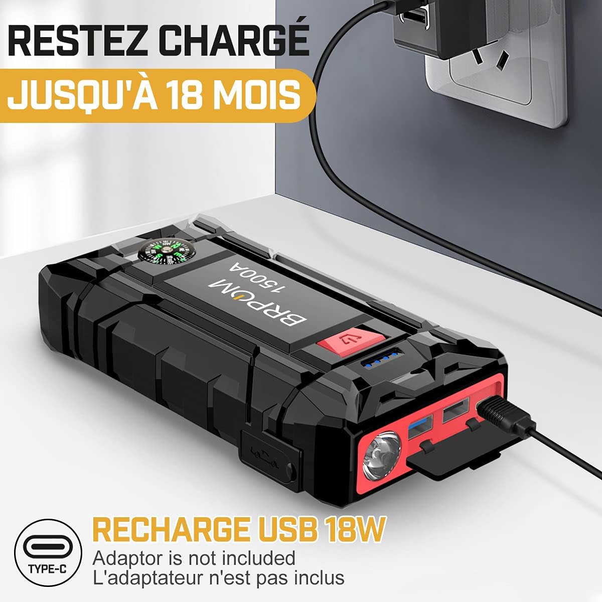 Image showing the BRPOM Car Jump Starter being charged via a USB-C cable plugged into a wall adapter.