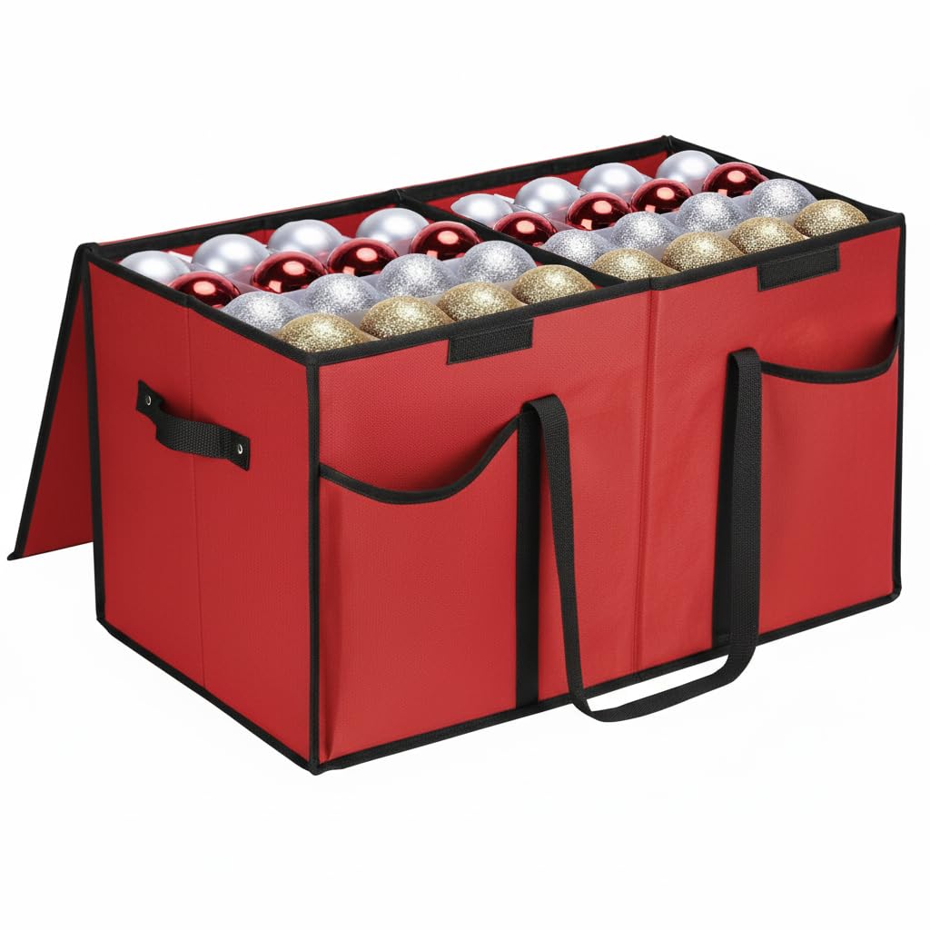 Mobi Lock Christmas Ornament Storage Box with Dividers & Pockets - Holiday Ornament Organizer Bag - Holds 128 Balls - Durable Red Fabric Container with Handles - Foldable Xmas Decorations Storage