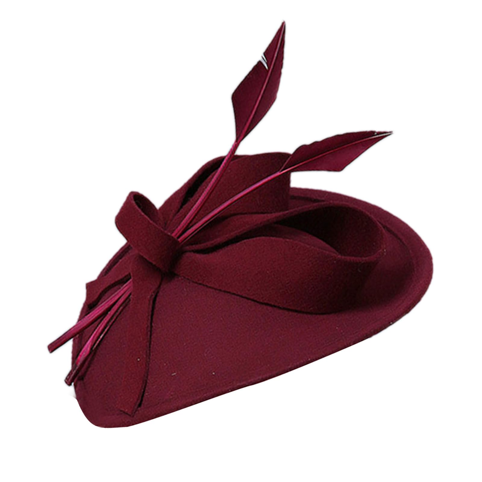 ZEPFJHE Vintage Pillbox Hat for Women Wedding Dinner Party Wedding Fascinator Headband Elegant Pillbox Ladies Dress Maroon red