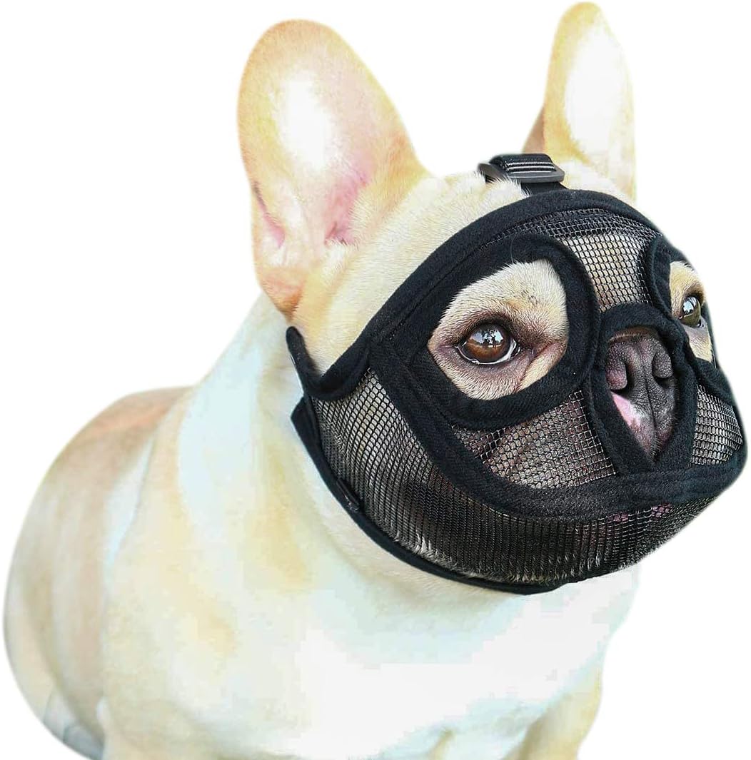 Short Snout Dog Muzzle With Eyehole - Adjustable Mesh Bulldog Frenchie for Biting, Chewing, Barking Training - Dog Cat Mouth Mask Cover for English French Bulldog Pug (Black, S(40-44CM))