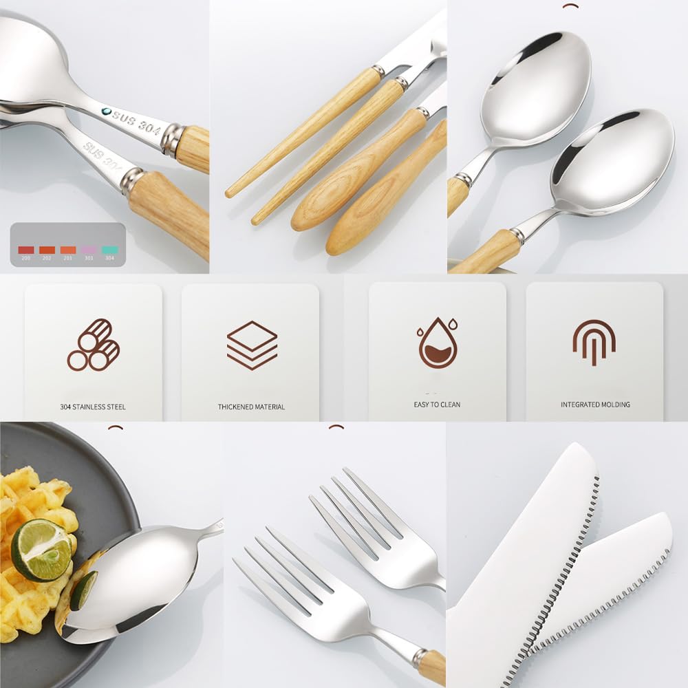 Couverts de Cuisine en Bois de frêne Massif, Couverts en Acier Inoxydable, Couteaux et fourchettes en Acier, Couverts pour la Maison, Les fêtes et Les Restaurants (Manche en Gourde