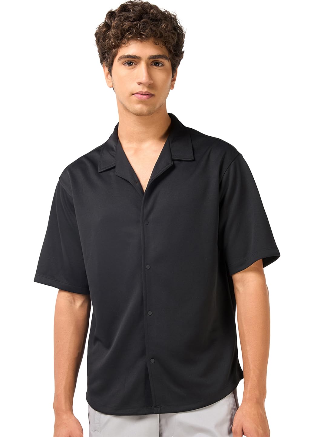 Bewakoof Men's Textured Oversized Fit Half Sleeve Resort Collar Jacquard Shirt in neutral