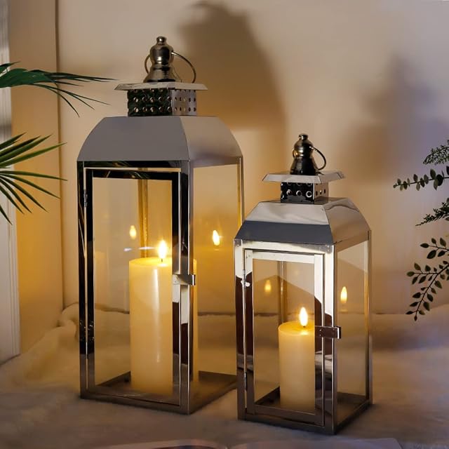 JHY DESIGN Stainless Steel Hanging Candle Lanterns, 52cm&38cm High Set of 2 Pagoda Candle Lanterns Large Candle Holder for Indoor Party Wedding Living Room Graden Entryway Outdoor Balcony(Silver)