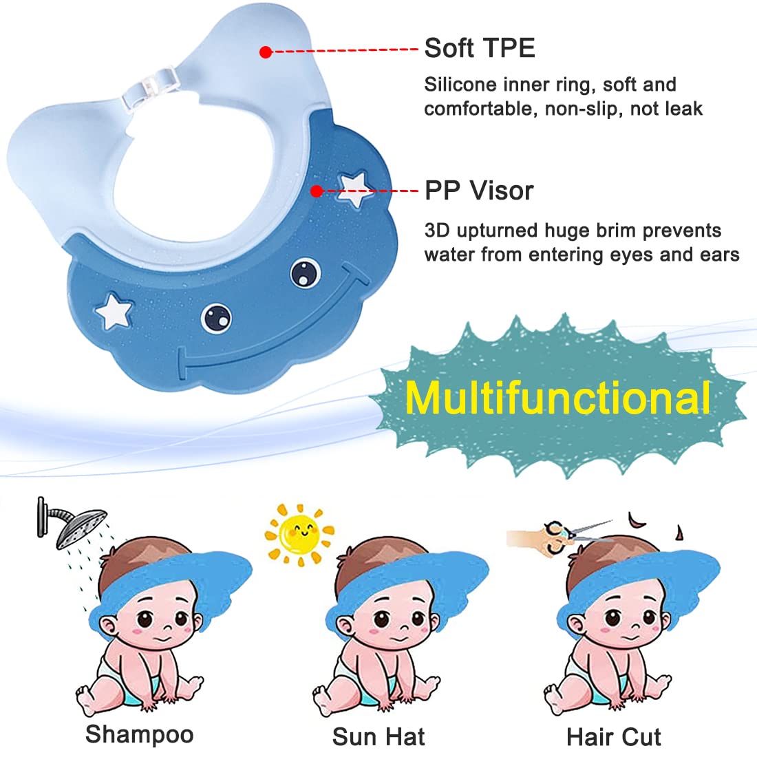 Enfants Shampoing Chapeau, Réglable Bonnet de Douche Bébé, Visiere Bain Enfant, Chapeau Douche Bébé Visière Bonnets, Casquette De Bain Bébé Protégez des Yeux, des Oreilles et du Visage
