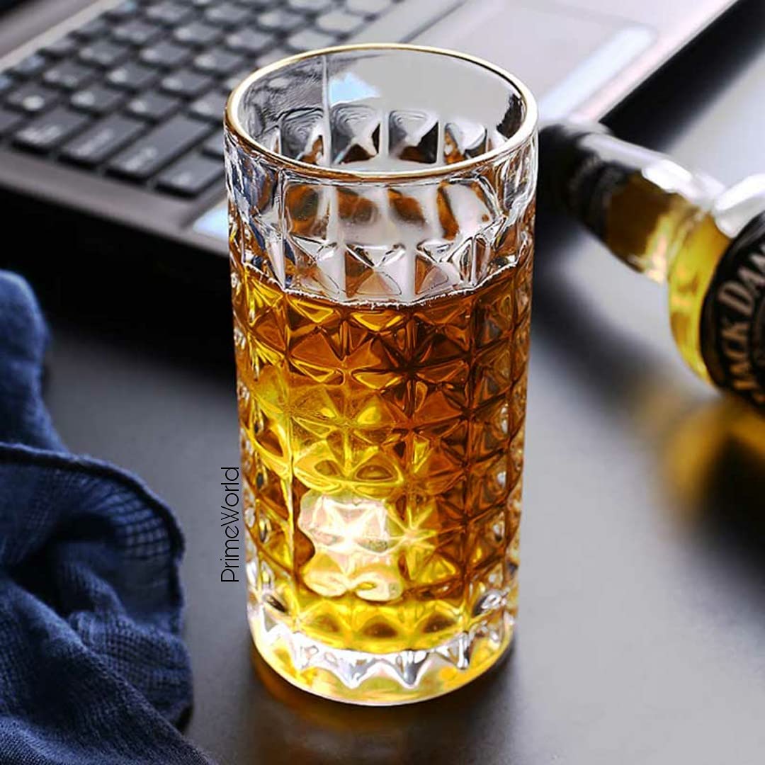 PrimeWorld European 295 ml Diamond Water Glasses Set of 6 pcs - Tall Drinking Glasses for- Water, Juice, Colddrink, Mojito, Cocktail, Lead-Free, Perfect for Home, Restaurants and Parties
