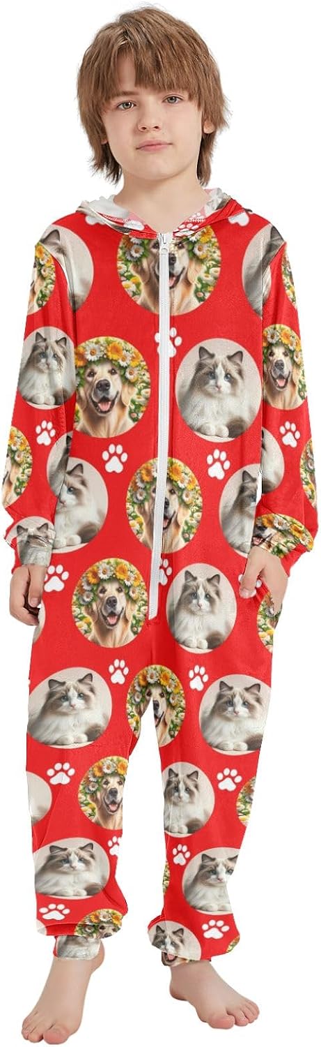 Custom Unisex Child Kid Onesie Photo Personalized Pet 2 Photo Paw Print Red One Piece Jumpsuits for Boys and Girls 7-8 Years