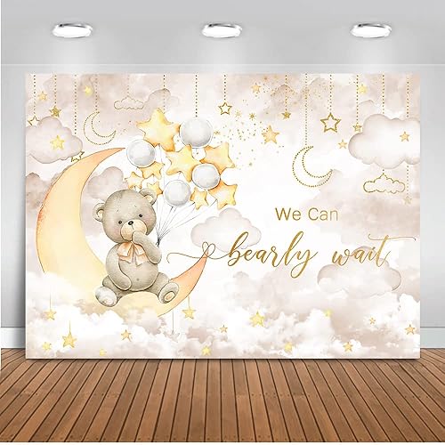 Mocsicka We Can Bearly Wait - Telón de fondo de luna y estrella, oso de nube, decoración de fiesta de baby shower, telón de fondo con globo de oso