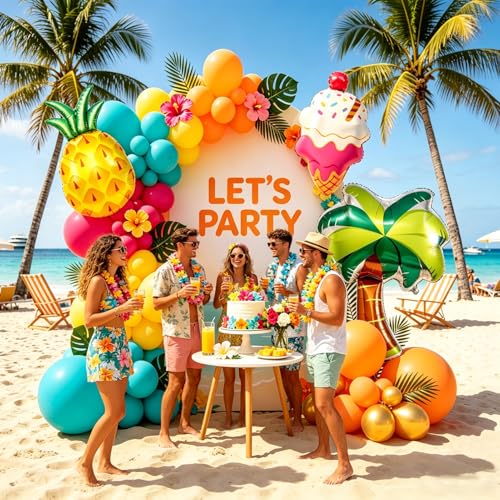 SNLN 135Pcs Hawaiian Tropical Luau Balloon Arch Kit With Palm Tree Pineapple Ice Cream Foil Balloon for Summer Beach Pool Hawaiian Luau Tropical Birthday Baby Shower Party Decorations Supplies by SNLN - Used condition - Image 5