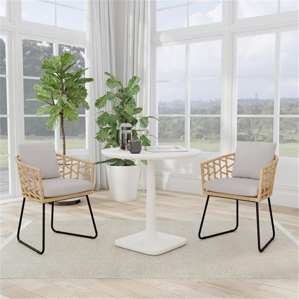 Pemberly Row Outdoor Bistro Table, 31 in Concrete Stone with White Terrazzo Finish, Weather-Proof Modern Tulip Base, Seating for 4, Durable Patio Furniture for Balcony, Garden, or Small Spaces