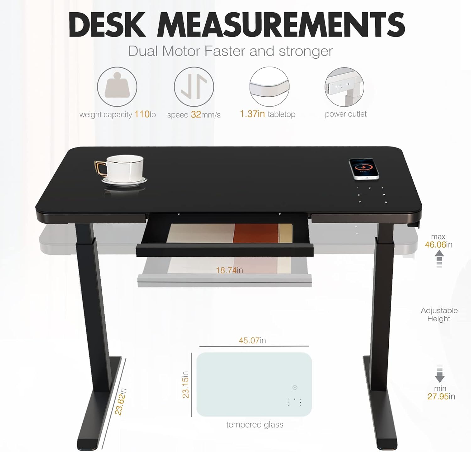 AIMEZO Standing Desk with Drawer Ergonomic Tempered Glass Electric Sit-Stand Height Adjustable Computer Workstation,with Touchscreen Controller&Wireless Charging &USB Port, and Power Strip : Home & Kitchen