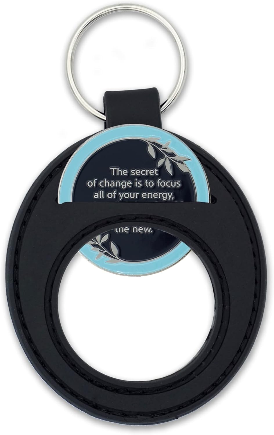 Blue Butterfly Sobriety Chip with Black Silicone Coin Holder Keychain