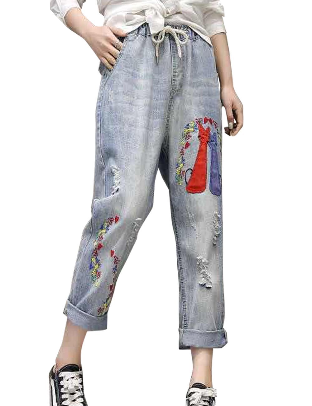 Women's Casual Boyfriend Embroidery Cropped Harem Denim Pants Jeans L
