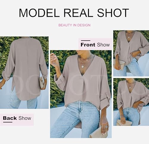 Dokotoo Ladies Summer Casual Office V Neck Chiffon Cuffed 3/4 Sleeve Solid Tunic Blouses And Tops For Work Loose Fitting Shirts For Women 2023 Apricot Us 12 14 #TOP3