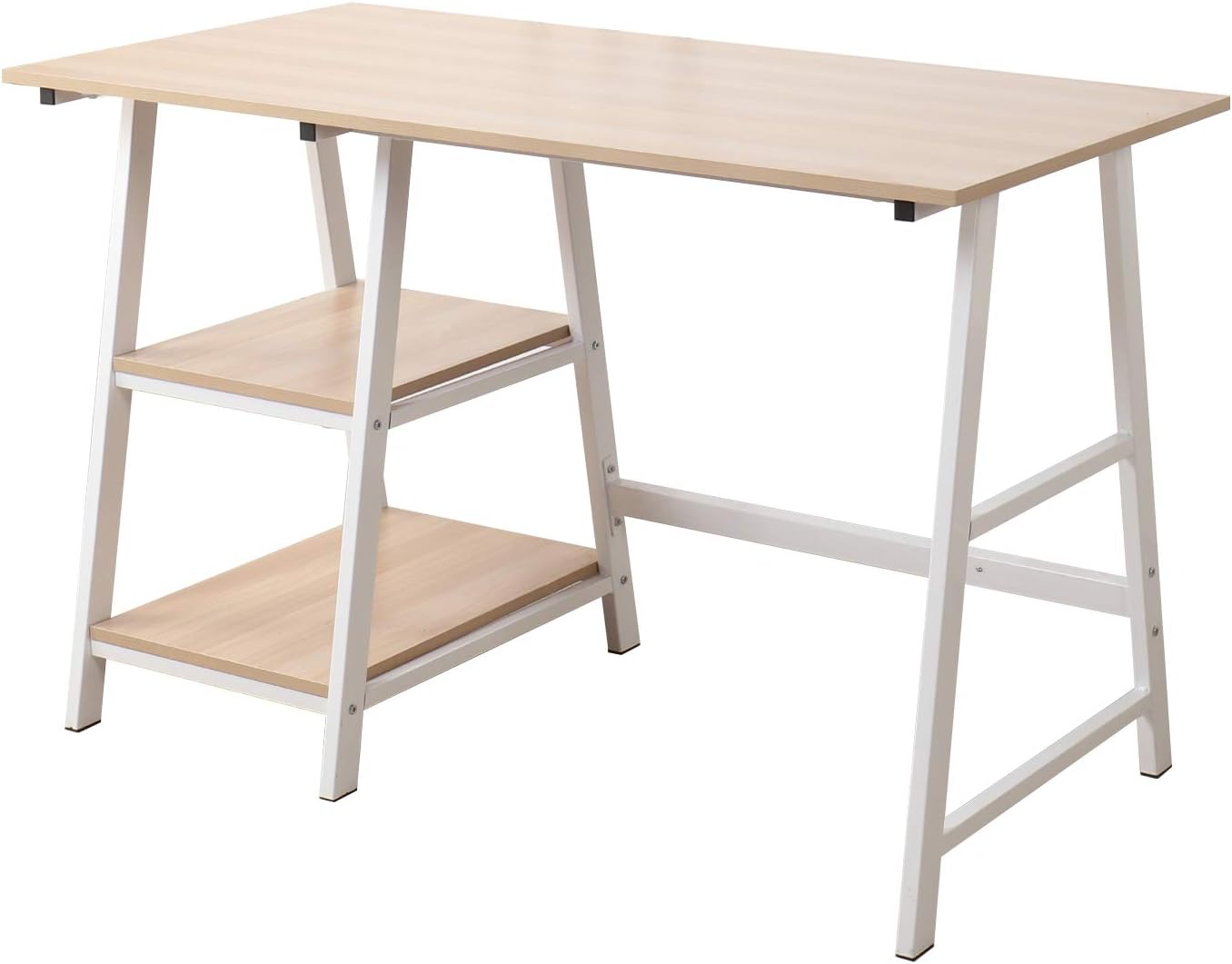 soges 47 Inch Computer Desk Trestle Desk Writing Desk Home Office Desk Hutch Workstation with Shelf Storage Desk, White Oak CS-Tplus-120MO
