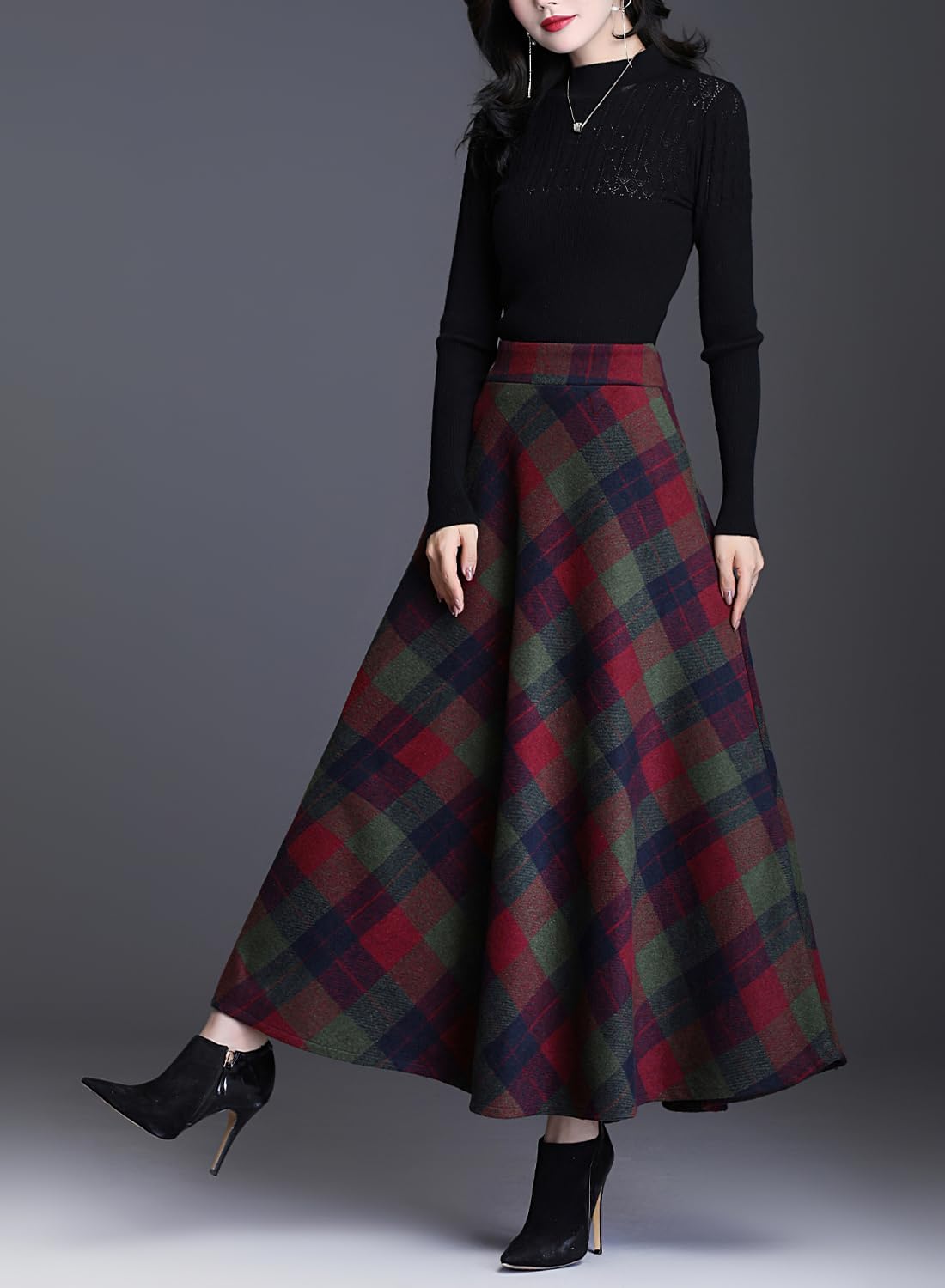 Women's Winter Warm Wool Plaid High Waist A-Line Drape Pleated Maxi Skirts with Pockets - Image 3