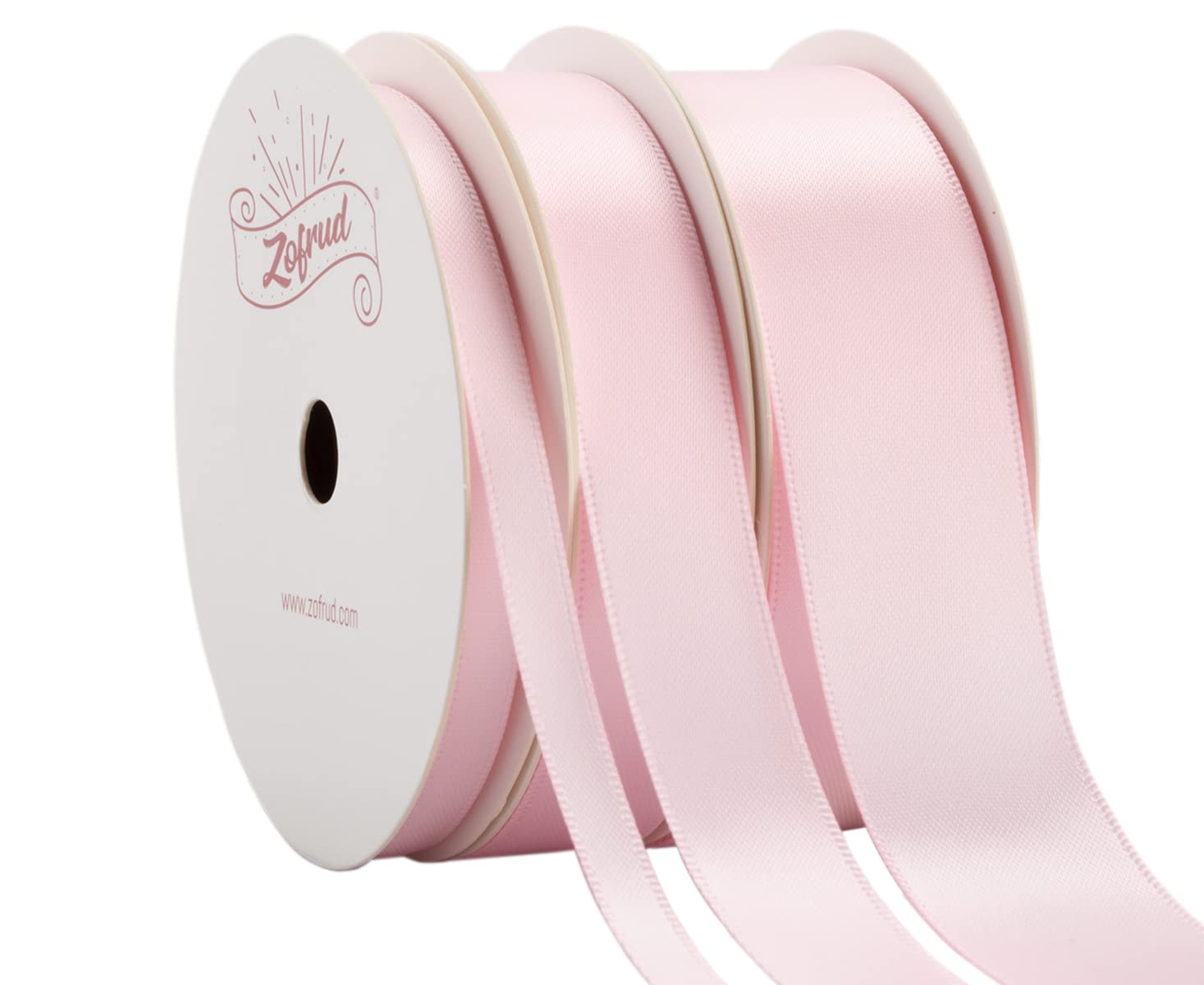 Zofrud 3 Rolls of Lt. Pink Double Faced Satin Ribbon, 27 Meters Total (6mm, 16mm, and 25mm x 9M)