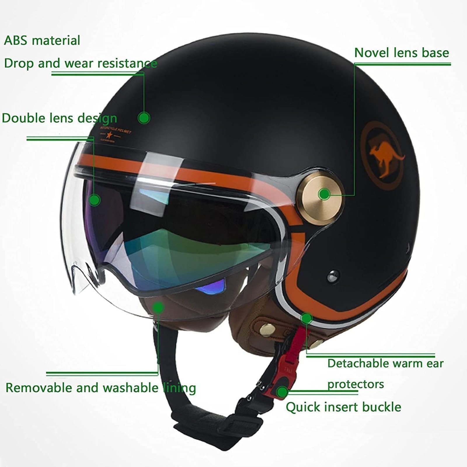 Casque Moto Ouvert 3/4 - Léger, Taille Unique 56-62 Cm - Visière Double, Coque ABS - Pour Scooter, Moto, Cyclomoteur - 6