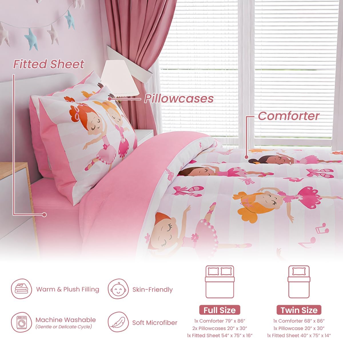 SANDJEST Ballet Twin Bedding Sets for Girls, Ultra Soft Microfiber Comforter Set with 3-Pieces, Comforters Kids Bed Set for Children Teen Tween Bedroom Decor - Image 6