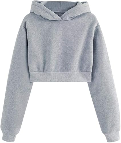 Hoodie-Pullover Liusdh Solid Color Loose Long Sleeve Short Hooded Sweatshirt Blouse for Teen Girls Gray L 