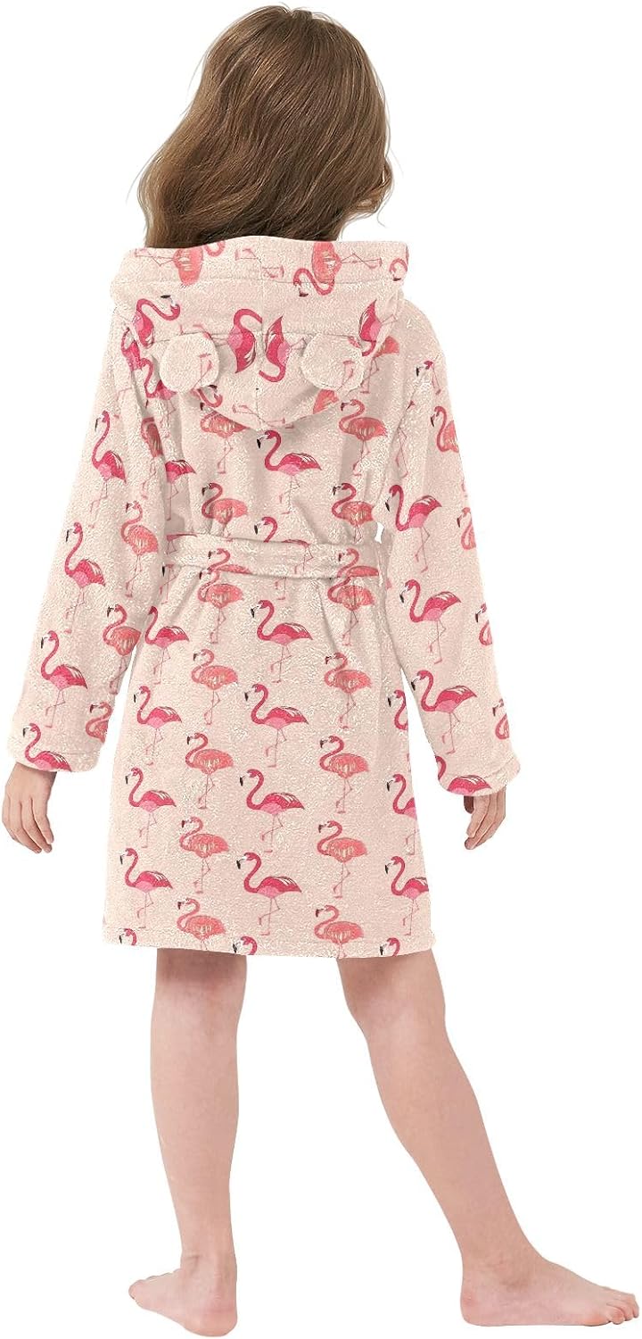 Gorgeous Flamingo Print Toddler Hooded Bathrobe for Boys Girls Soft Plush Bath Towel Robe 2-12 Years