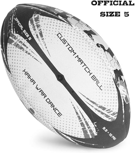Miniatura 6 de Crown Sporting Goods Haka War Dance Rugby Match Ball - Pelota oficial de tamaño 5 con agarre texturizado, diseño de desafío maorí negro de Nueva