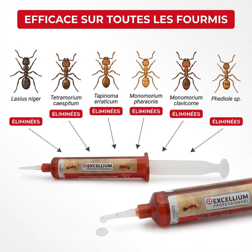 Gel Insecticide Appât Anti-Fourmis 35g EXCELLIUM PROFESSIONNEL | Détruit la fourmilière entière · Effet relais vers la colonie · Actif jusqu'à 4 semaines · Intérieur et extérieur