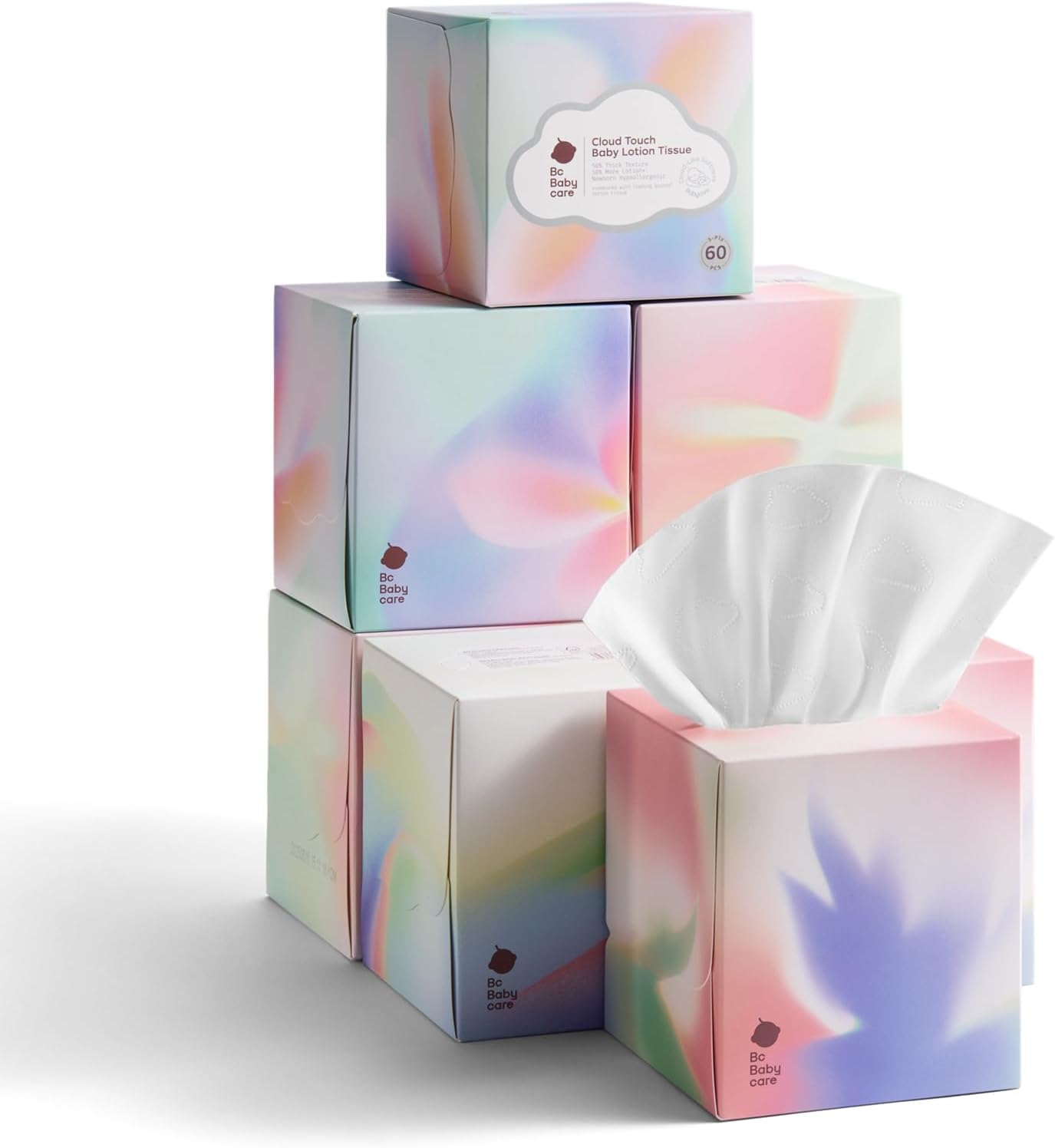 Bc Babycare Cloud Touch Lotion Ultra Soft Facial Tissues, 8 Cube Boxes, Hypoallergenic, Plant-based Materials, Clean Gentle Baby Essentials, 60 Tissues Per Box, 5-Ply