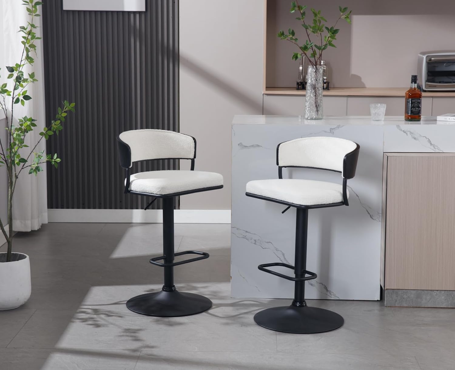 ROCITY Adjustable Modern Bar Stools Set of 2 Boucle Fabric Barstools Swivel Counter Height Bar stools with Curved Back/Black Metal Base Sherpa Upholstered Bar Chairs for Kitchen Island, White