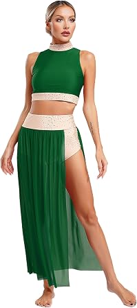 Vxuxlje Womens 2 Piece Lyrical Dance Outfits Sleeveless Crop Top with Split Skirt Built-in Briefs
