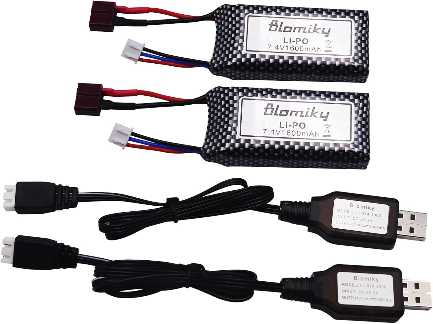 Blomiky 2 Pack 11.84Wh 7.4V 1600mAh Li-po Rechargeable Battery and USB Cable Suitable for Some 1/10 1/12 Scales RC Truck Cars 25-DJ02 / 7.4V 1600mAh 2