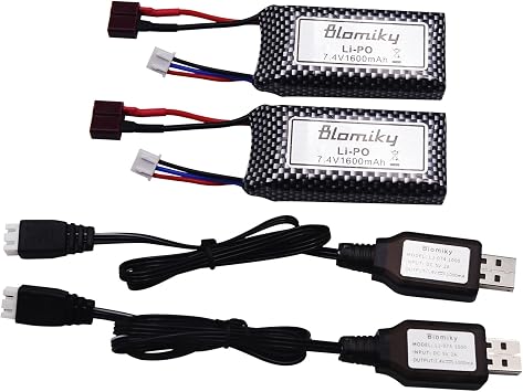 Blomiky 2 Pack 11.84Wh 7.4V 1600mAh Li-po Rechargeable Battery and USB Cable Suitable for Some 1/10 1/12 Scales RC Truck Cars 25-DJ02 / 7.4V 1600mAh 2