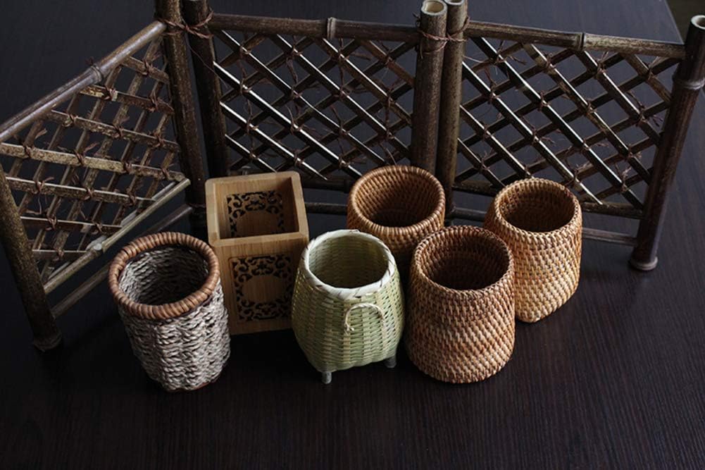 WJX&Likerr Rustic Bamboo Weaving Pen Pencil Holder, Handmade Office Desk Organizer Decoration Cosmetic-E 8x8x10cm(3x3x4inch)