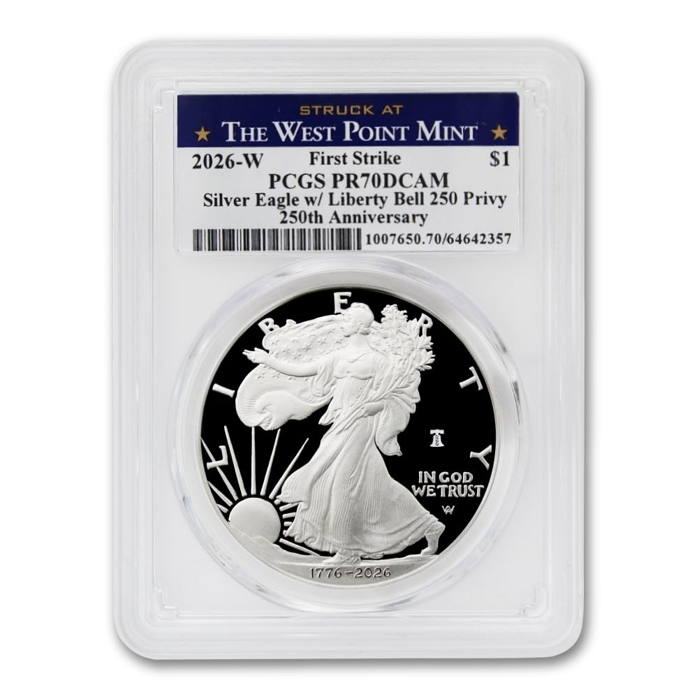 2026 W 1 oz American Silver Eagle Proof Coin PR-70 Deep Cameo (First Strike - 250th Anniversary - Liberty Bell 250 Privy - Struck at the West Point Mint) with Official Government Packaging $1 PCGS PR70DCAM